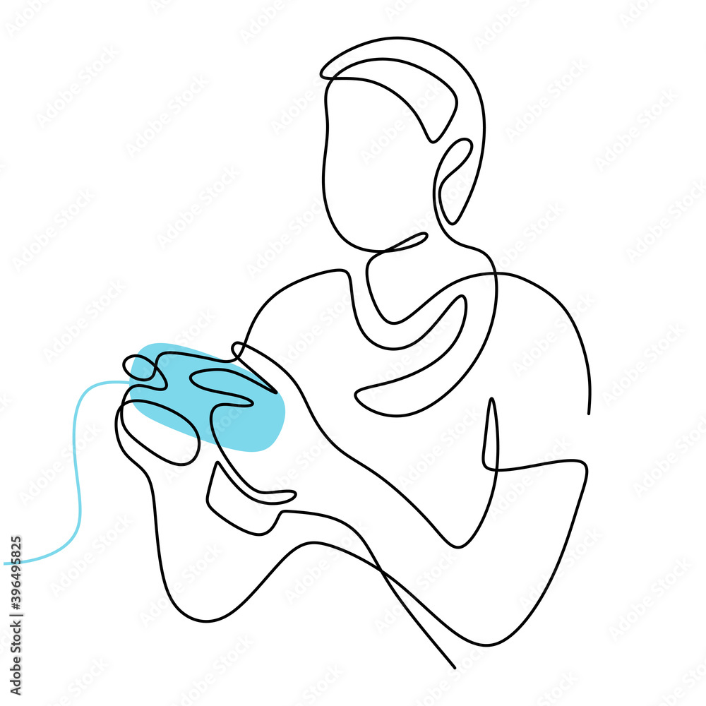Poster continuous line drawing of gamer. a man playing the game with joystick at home during self isolation