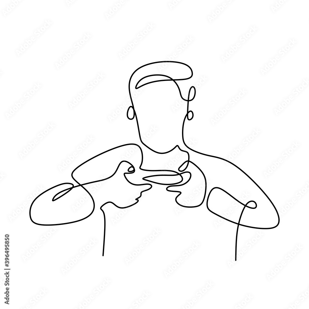 Aufkleber continuous line drawing of gamer. a man playing the game with joystick at home during self isolation