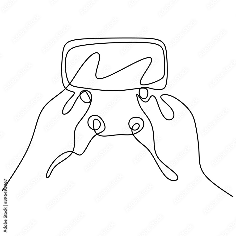 Poster one continuous single line drawing of hand using modern gadget to playing the game. hand in smartpho