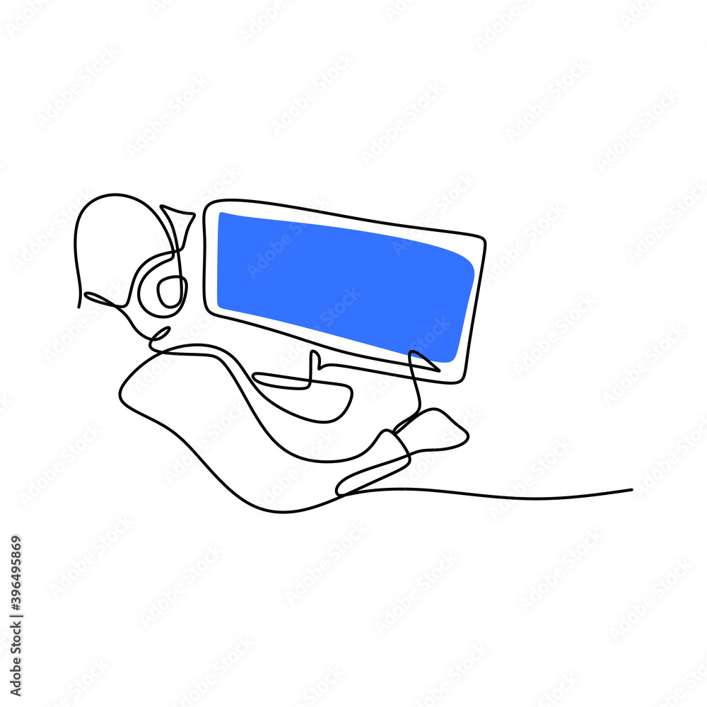 Poster a young man with headset looking at monitor computer. continuous one line drawing of a gamer playing