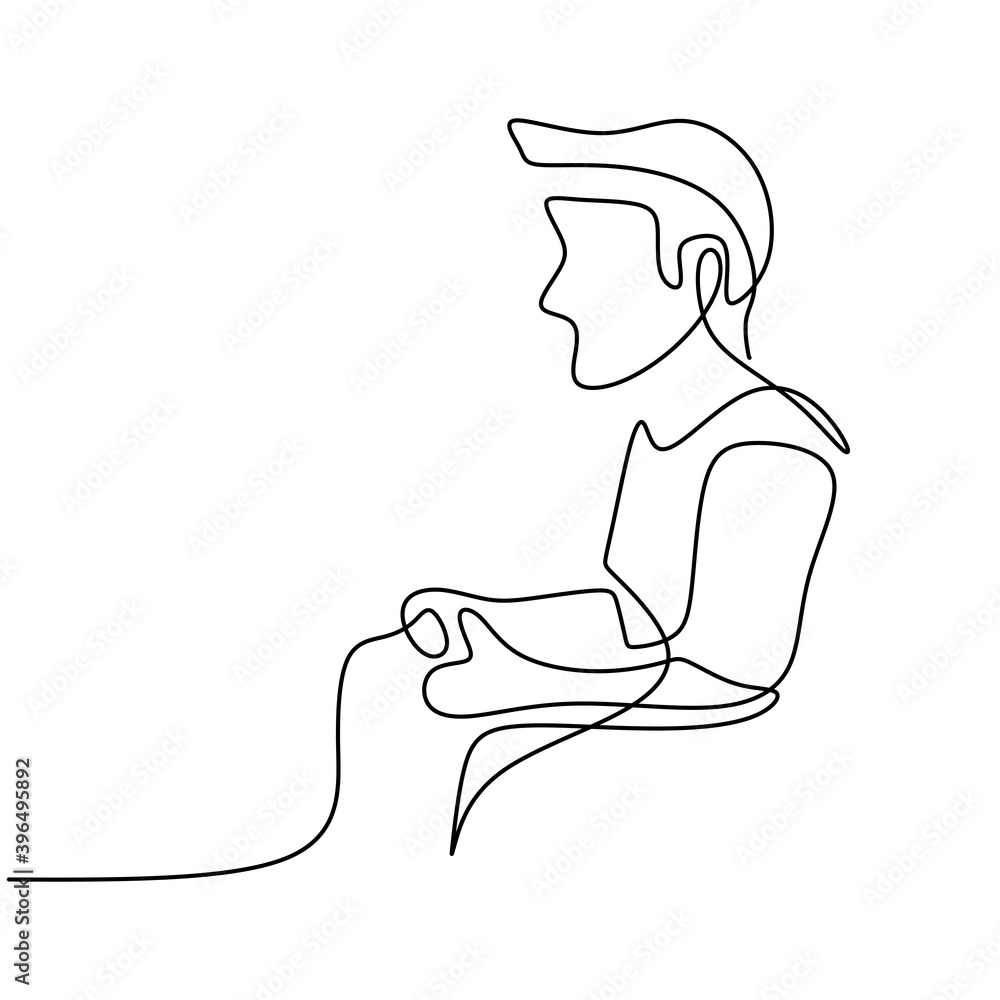Poster continuous line drawing of gamer. a man playing the game with joystick at home during self isolation