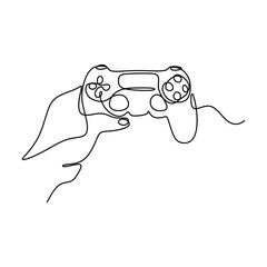 A hand holding game stick one line drawing vector illustration. A joystick to play the game minimalism hand-draw isolated on white background. Wireless game controller for PC concept. © ngupakarti