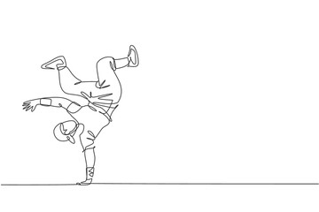 One continuous line drawing of young sporty break dancer man with casual shirt show hiphop dance style in the street. Urban lifestyle sport concept. Dynamic single line draw design vector illustration