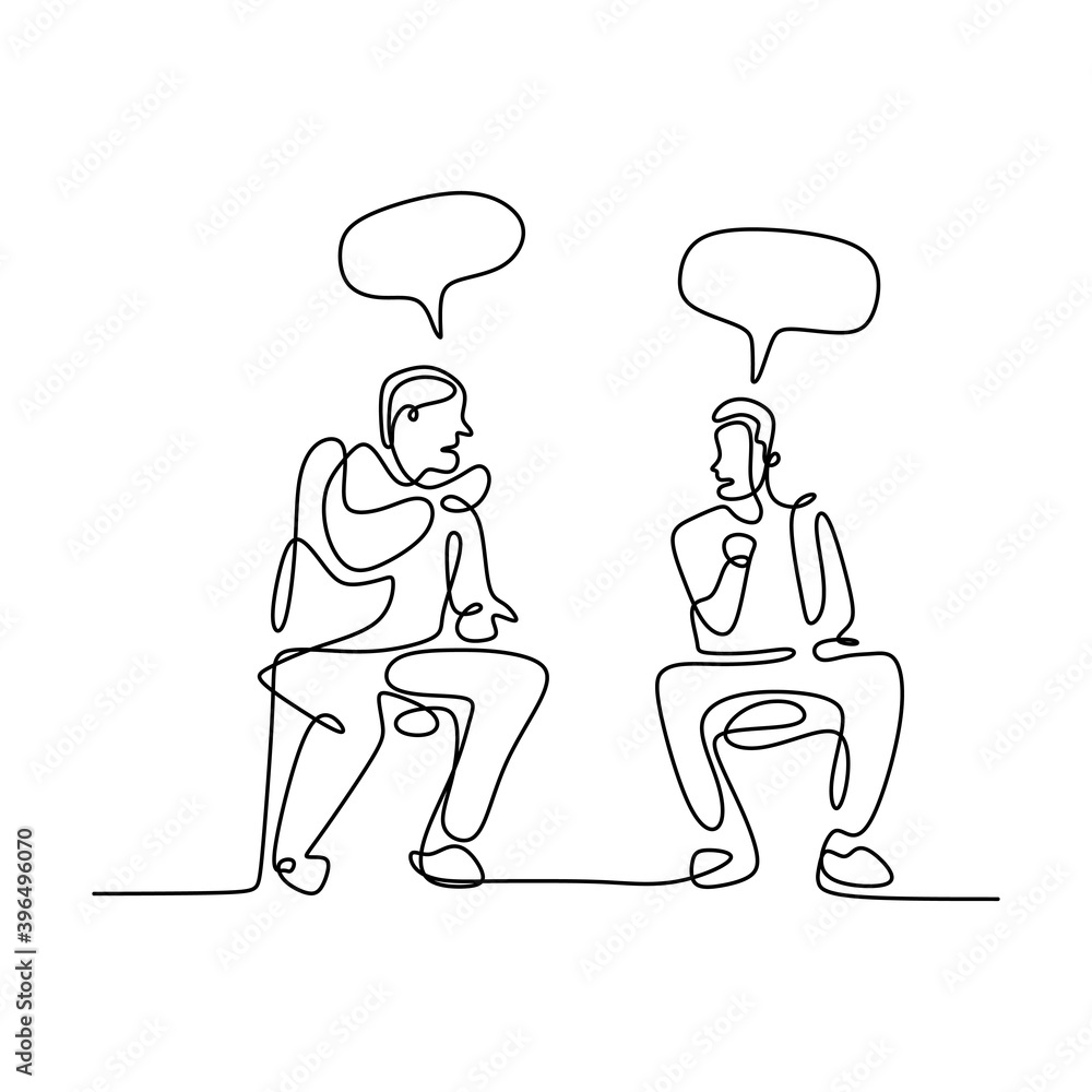 Poster continuous line drawing of two men sitting while talking about business plan with speech bubble. you