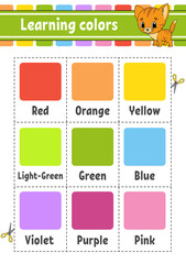 Learning colors. A set of flash cards of different colors. Cut and play. Active worksheet for kids. Color vector illustration isolated on white background.