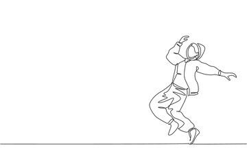Fototapeta na wymiar Single continuous line drawing of young energetic hip-hop dancer woman on hoodie practice break dancing in street. Urban generation lifestyle concept. Trendy one line draw design vector illustration