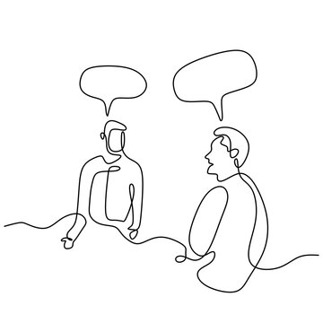 Continuous line drawing of two men sitting while talking about business plan with speech bubble. Young male enjoy discussing work task and strategy for new business isolated on white background