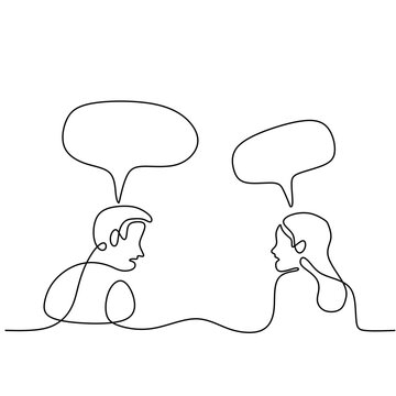 Continuous line drawing of man and woman having conversation with speech bubbles. Young couple sitting and Having small talk at home hand-drawn line art on white background. Communication concept