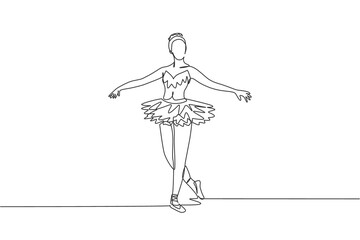 One continuous line drawing of young graceful woman ballet dancer perform beauty classic dance at stage of opera house. Ballet performance concept. Dynamic single line draw design vector illustration