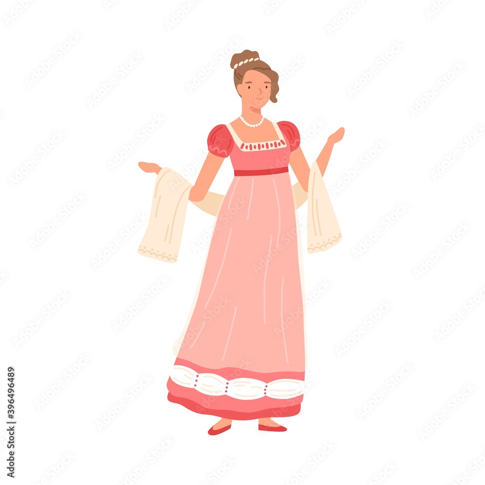 Canvas Prints Beautiful young woman wearing pink dress in 19th century style. Female character in elegant clothes of 1810 year. Retro fashionable lady. Flat vector cartoon illustration isolated on white