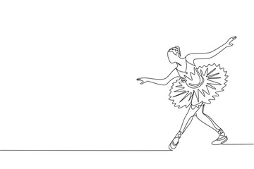 Single continuous line drawing of young graceful pretty ballerina demonstrated classic ballet choreography dancing skill. Opera dance concept. Trendy one line draw design graphic vector illustration © Simple Line