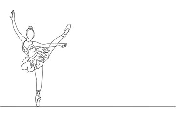 Obraz premium Single continuous line drawing of young graceful pretty ballerina demonstrated classic ballet choreography dancing skill. Opera dance concept. Trendy one line draw graphic design vector illustration