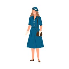 Young woman wearing dress, hat and gloves in 40s style. Fashionable female character with bag in retro stylish apparel. Flat vector cartoon illustration of isolated on white background