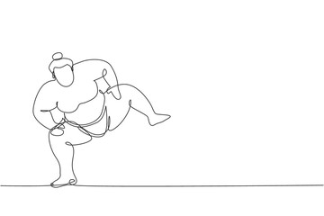 One continuous line drawing of young big Japanese rikishi man prepare to fight at festival tournament. Traditional sumo sport concept. Dynamic single line draw design graphic vector illustration