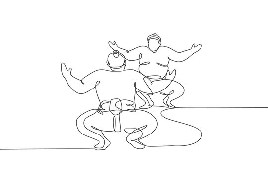 recommend clip art: One continuous line drawing of two young big Japanese rikishi men prepare to fight at festival tournament. Traditional sumo sport concept. Dynamic single line draw design vector graphic illustration