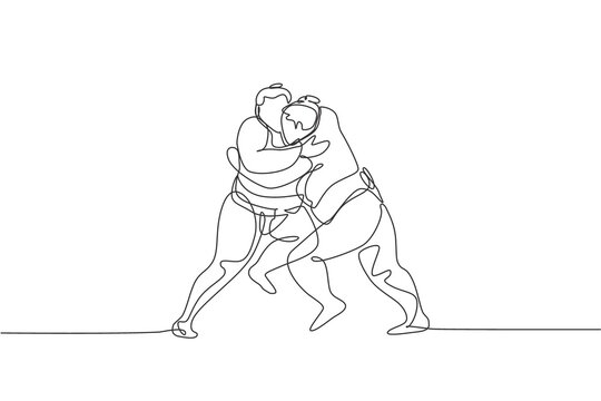 One single line drawing of two young overweight Japanese sumo men fighting at arena competition vector illustration. Traditional rikishi combative sport concept. Modern continuous line draw design
