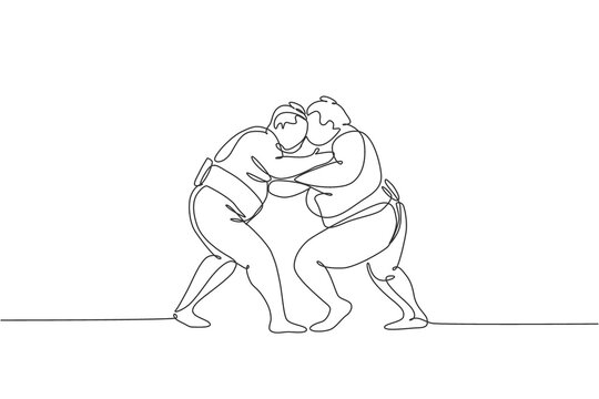 One single line drawing of two young overweight Japanese sumo men fighting at arena competition vector illustration. Traditional rikishi combative sport concept. Modern continuous line draw design
