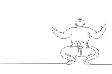 One continuous line drawing of young big Japanese rikishi man prepare to fight at festival tournament. Traditional sumo sport concept. Dynamic single line draw graphic design vector illustration