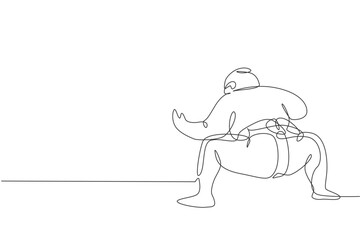 Single continuous line drawing of young big fat Japanese sumo man training at arena gym center. Traditional festival martial art concept. Trendy one line draw graphic design vector illustration - obrazy, fototapety, plakaty