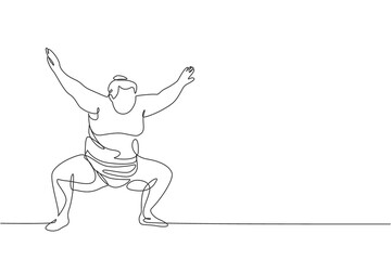 Fototapeta na wymiar One single line drawing of young overweight Japanese sumo man ready to fight at arena competition vector illustration. Traditional rikishi combative sport concept. Modern continuous line draw design