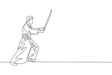 Single continuous line drawing of young sportive man wearing kimono practice aikido fighting technique with wooden sword. Japanese martial art concept. Trendy one line draw design vector illustration