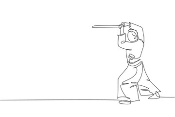 Obraz premium One single line drawing of young energetic man wearing kimono exercise aikido technique with wood sword in sport hall vector illustration. Healthy lifestyle sport concept. Continuous line draw design