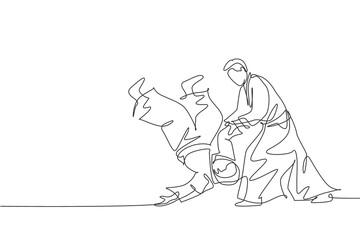 One single line drawing two young energetic men wearing kimono exercise aikido fighting in sports hall vector graphic illustration. Healthy lifestyle sport concept. Modern continuous line draw design