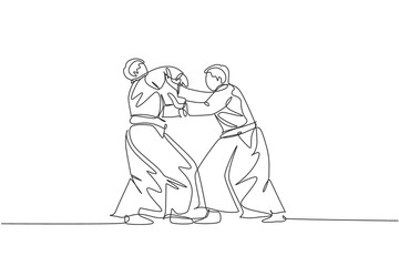 Single continuous line drawing of two young sportive man wearing kimono practice aikido fighting technique in dojo center. Japanese martial art concept. Trendy one line draw design vector illustration