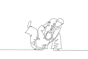One single line drawing of two young energetic men wearing kimono exercise aikido throw technique in sport hall vector illustration. Healthy lifestyle sport concept. Modern continuous line draw design