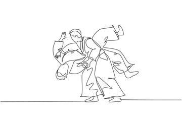 Fototapeta na wymiar Single continuous line drawing of two young sportive man wearing kimono practice slamming in aikido fighting technique. Japanese martial art concept. Trendy one line draw design vector illustration