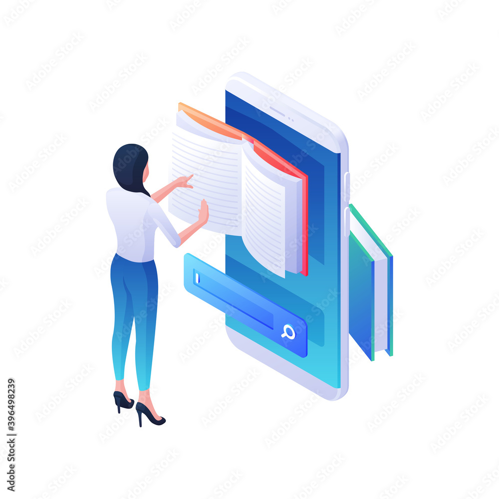 Aufkleber finding desired web book in mobile application isometric illustration. female character is leafing t