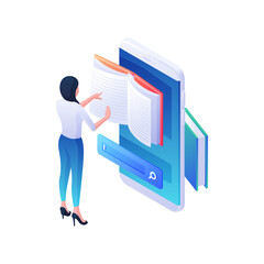 Finding desired web book in mobile application isometric illustration. Female character is leafing through online magazine in smartphone.