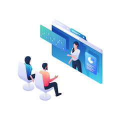People listening to informative statistics webinar isometric illustration. Male and female characters discussing at online conference.