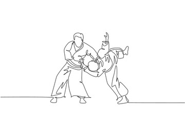 Fototapeta na wymiar One continuous line drawing young man aikido fighter practice fighting trick at dojo training center. Martial art combative sport concept. Dynamic single line draw graphic design vector illustration
