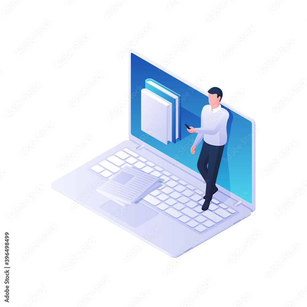 Aufkleber man leafing through online library application isometric vector. male character with phone reads web