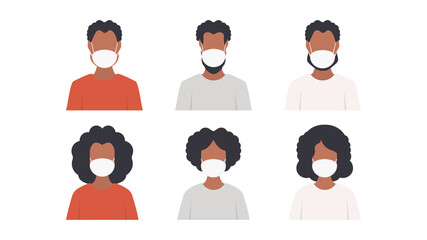 African American people in masks. Set of dark-skinned people in protective medical face masks. Vector.