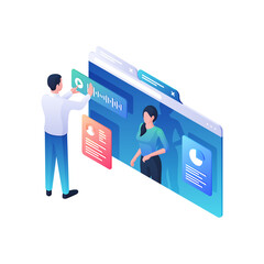 Businessman listens web lecture on statistical infographics isometric illustration. Male character is watching online video about creative pie charts.