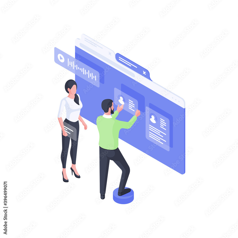 Aufkleber developers creating online user account isometric illustration. male and female character makes web 