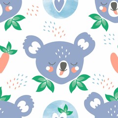 Vector seamless pattern of cute koalas. Funny heads of koalas with protruding tongue, green leaves and hearts design for printing on textiles, children's clothing, paper, packaging, wallpaper.