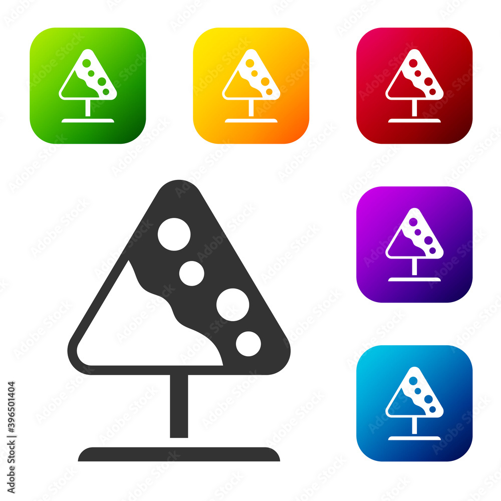 Poster black road sign avalanches icon isolated on white background. snowslide or snowslip rapid flow of sn