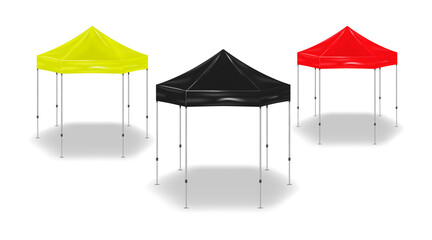 Hexagon pop-up canopy tent. Exhibition outdoor show pavilion. Event marquee. Color set. Black, red, yellow colours. Easy to recolor. Vector template for design