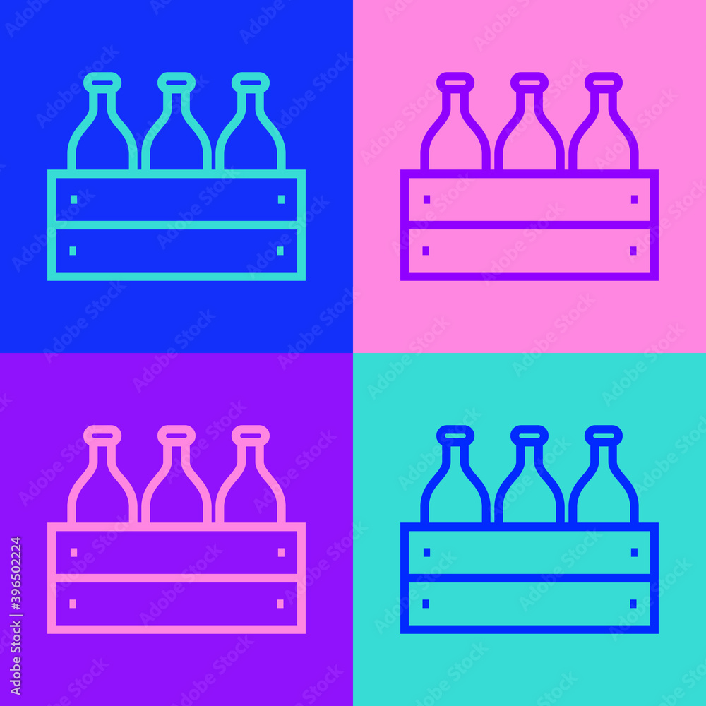 Poster Pop art line Bottles of wine in a wooden box icon isolated on color background. Wine bottles in a wooden crate icon. Vector Illustration.