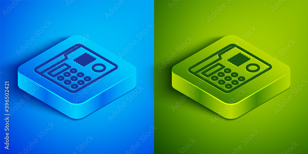 Poster isometric line house intercom system icon isolated on blue and green background. square button. vect