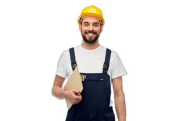 profession, construction and building - happy smiling male worker or builder in yellow helmet and...