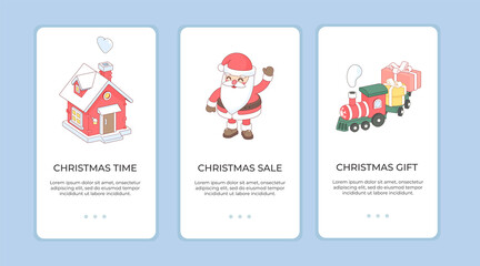 Christmas and New Year onboard screen template. Web banner screens user interface. Holiday sale, Christmas atmosphere, gifts and Santa. Mobile app vector page template. New year illustrations