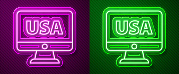 Fototapeta premium Glowing neon line USA United states of america on monitor icon isolated on purple and green background. Vector.