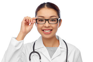 medicine, vision and healthcare concept - portrait of happy smiling asian female doctor in glasses with stethoscope over white background