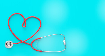 Heart shaped stethoscope on a green background. 3d render