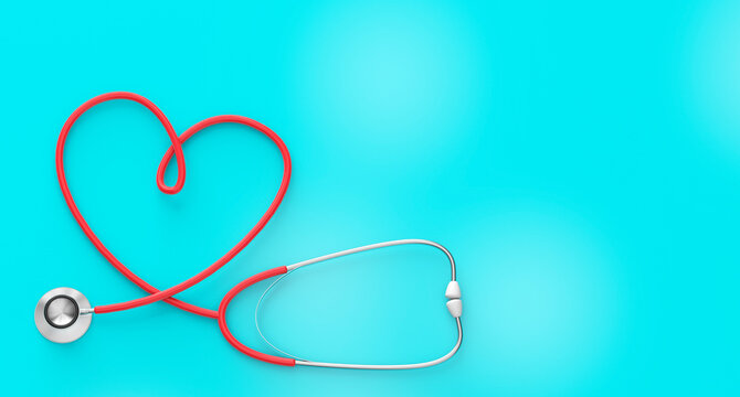 Heart shaped stethoscope on a green background. 3d render
