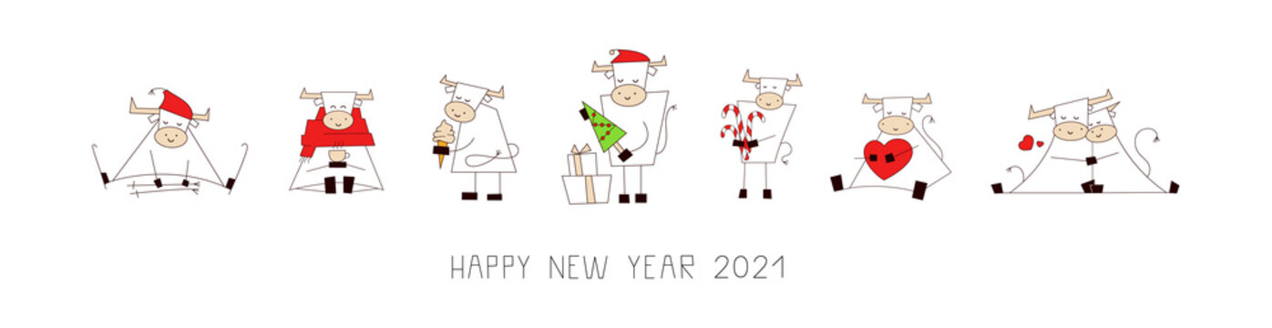 Merry Christmas and happy New Year 2021. Horizontal banner, poster, card. Set of vector illustrations in cartoon style isolated on white. Collection of funny cute kawaii characters. Ox, bull, cow